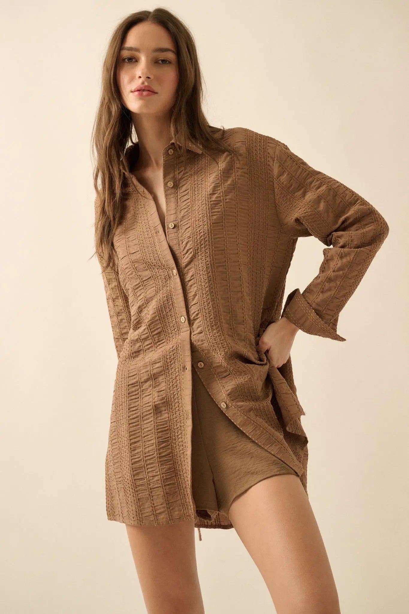 Perfect Day Smocked Button-Up Belted Shirt Romper