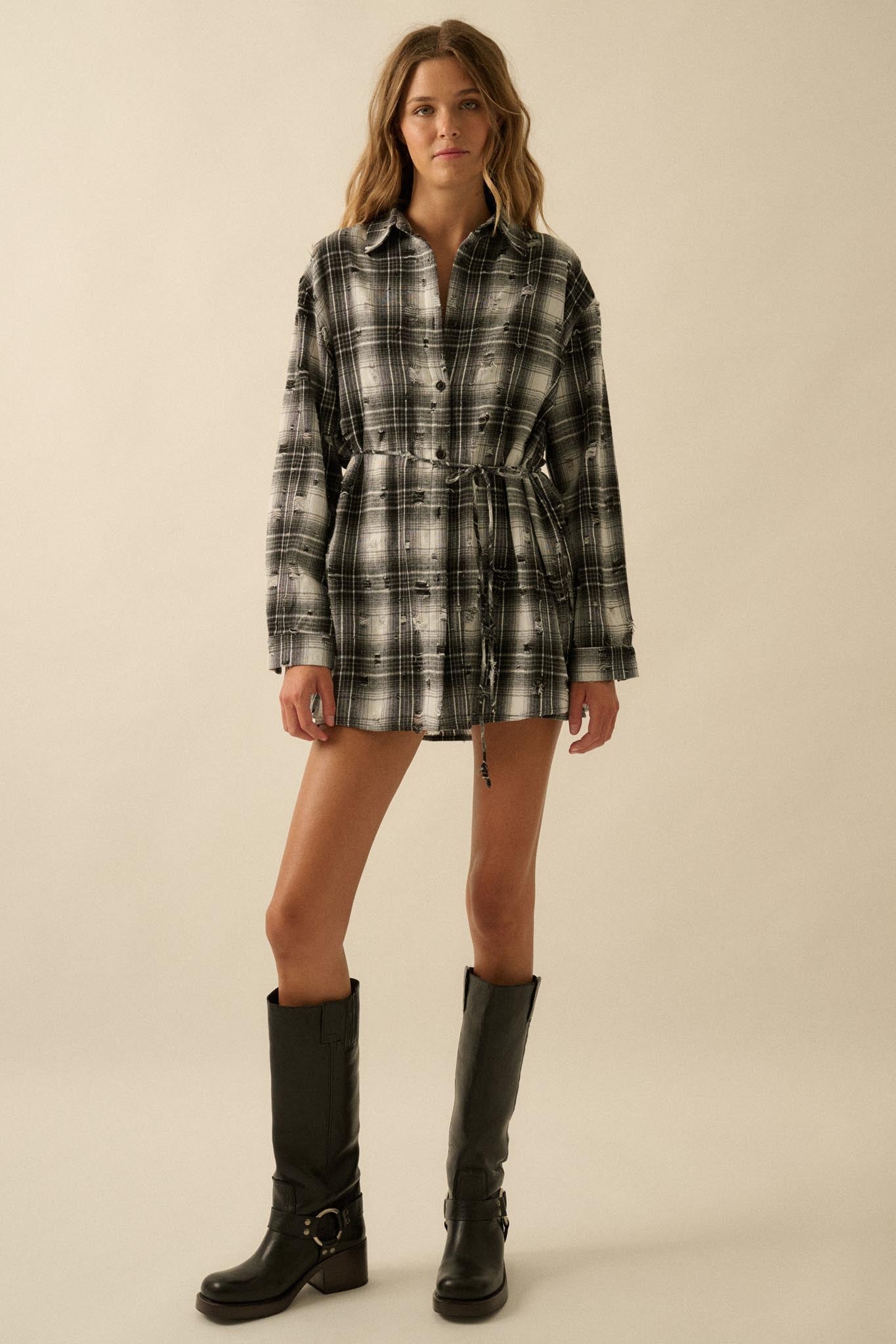 By the Fire Distressed Plaid Flannel Shirt Romper
