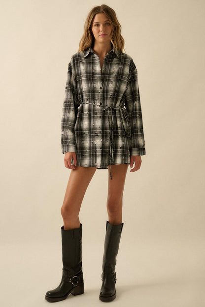 By the Fire Distressed Plaid Flannel Shirt Romper