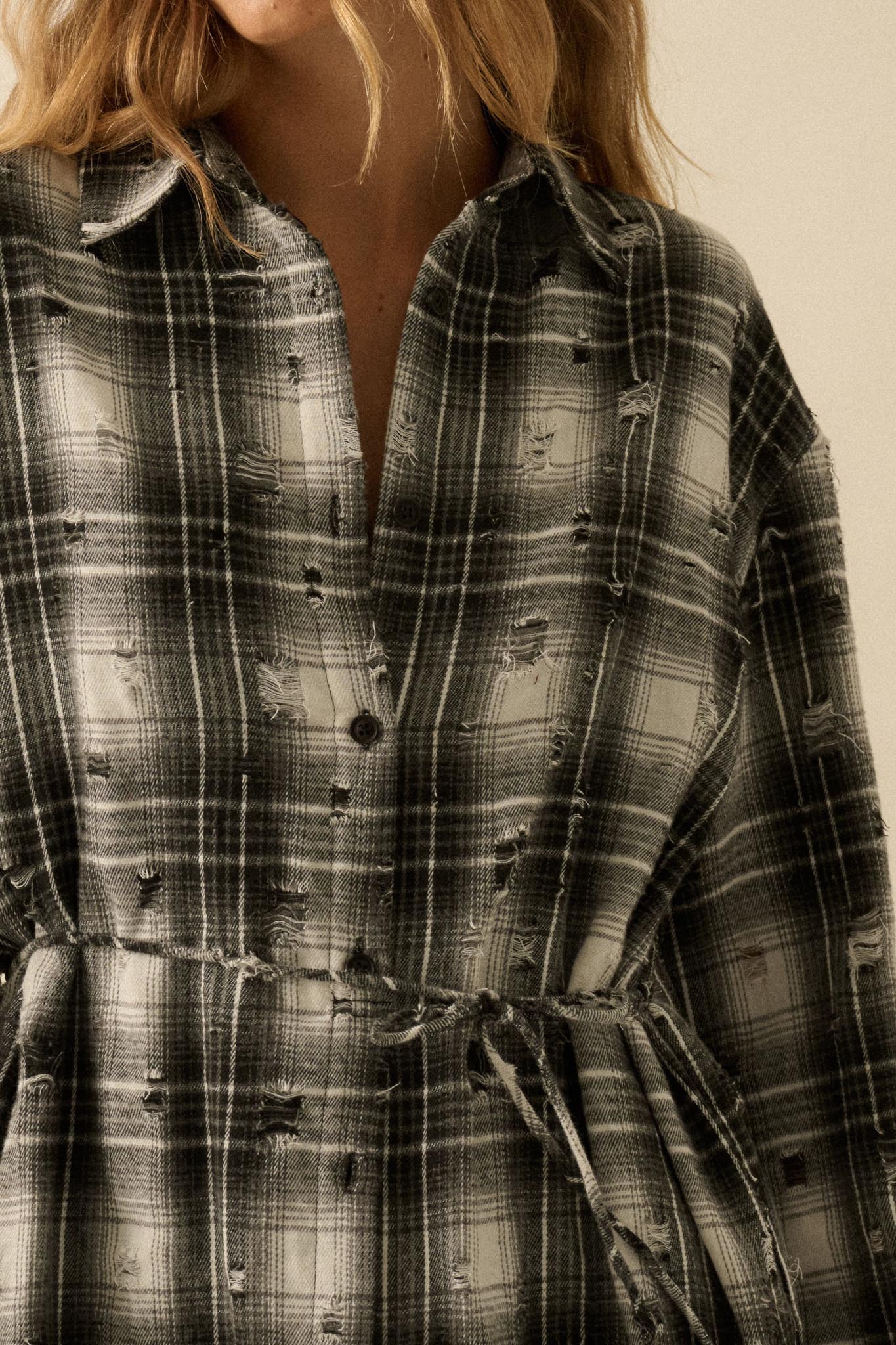 By the Fire Distressed Plaid Flannel Shirt Romper