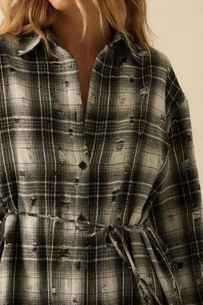By the Fire Distressed Plaid Flannel Shirt Romper