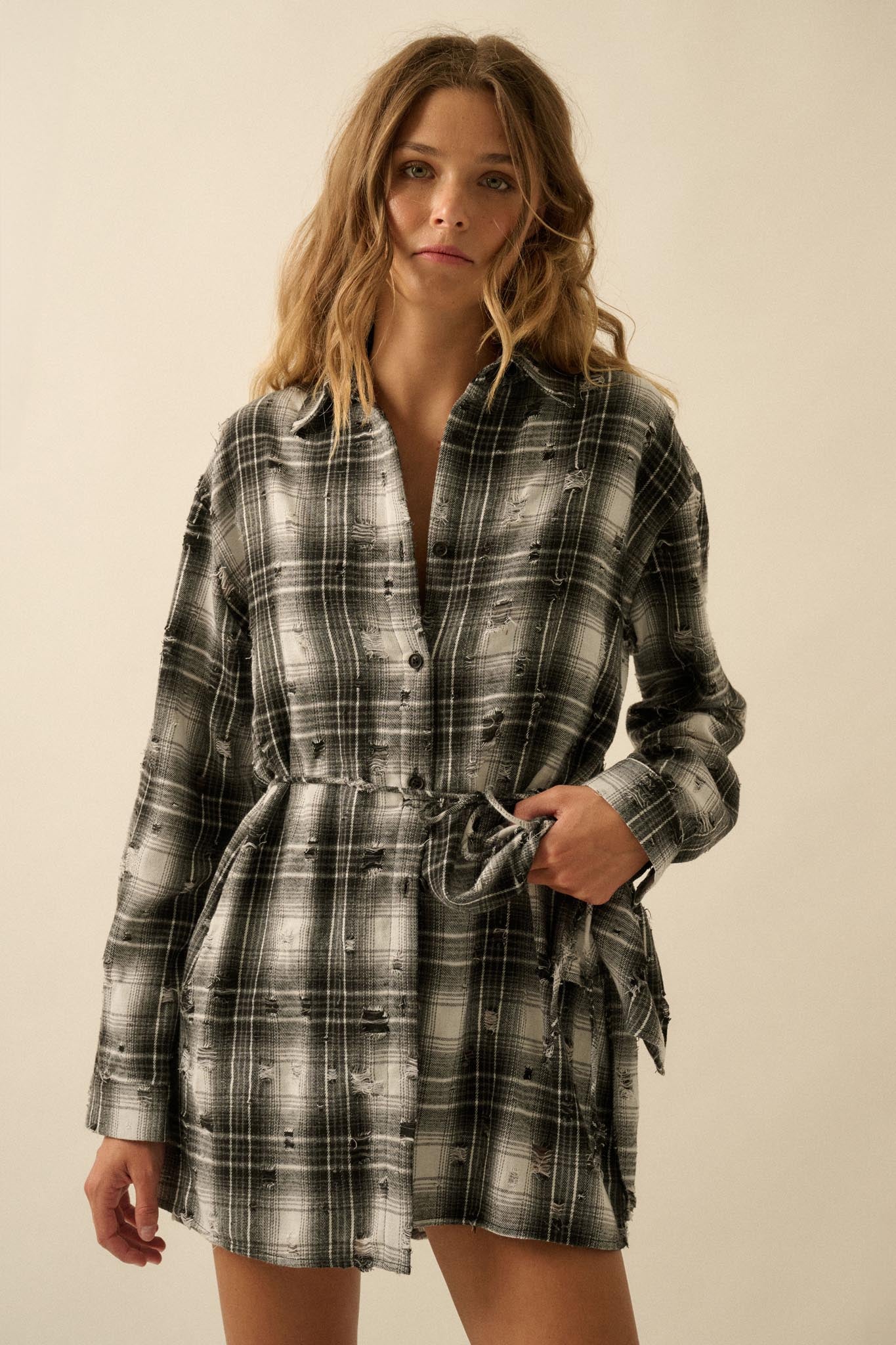 By the Fire Distressed Plaid Flannel Shirt Romper