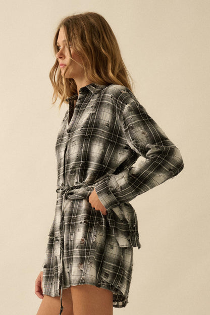 By the Fire Distressed Plaid Flannel Shirt Romper