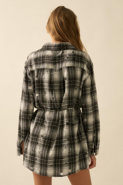 By the Fire Distressed Plaid Flannel Shirt Romper