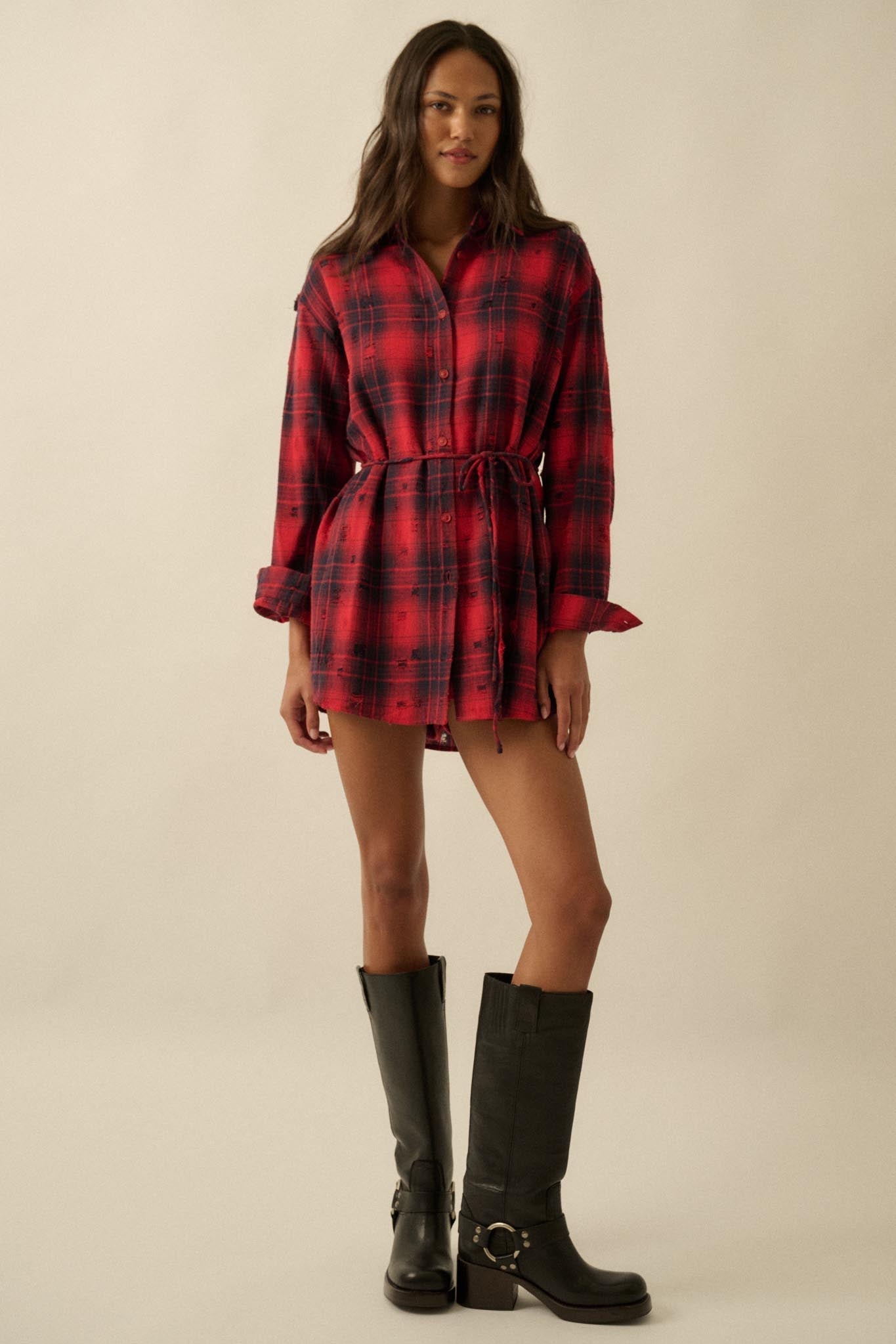 By the Fire Distressed Plaid Flannel Shirt Romper