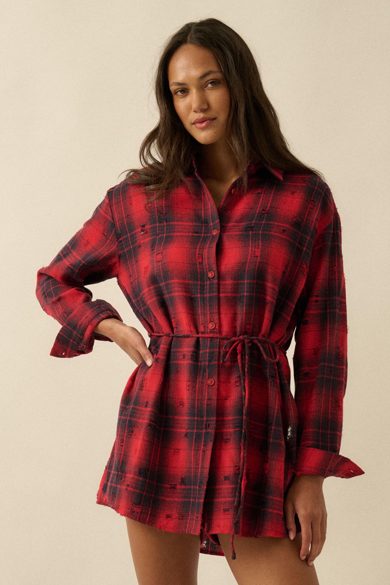 By the Fire Distressed Plaid Flannel Shirt Romper