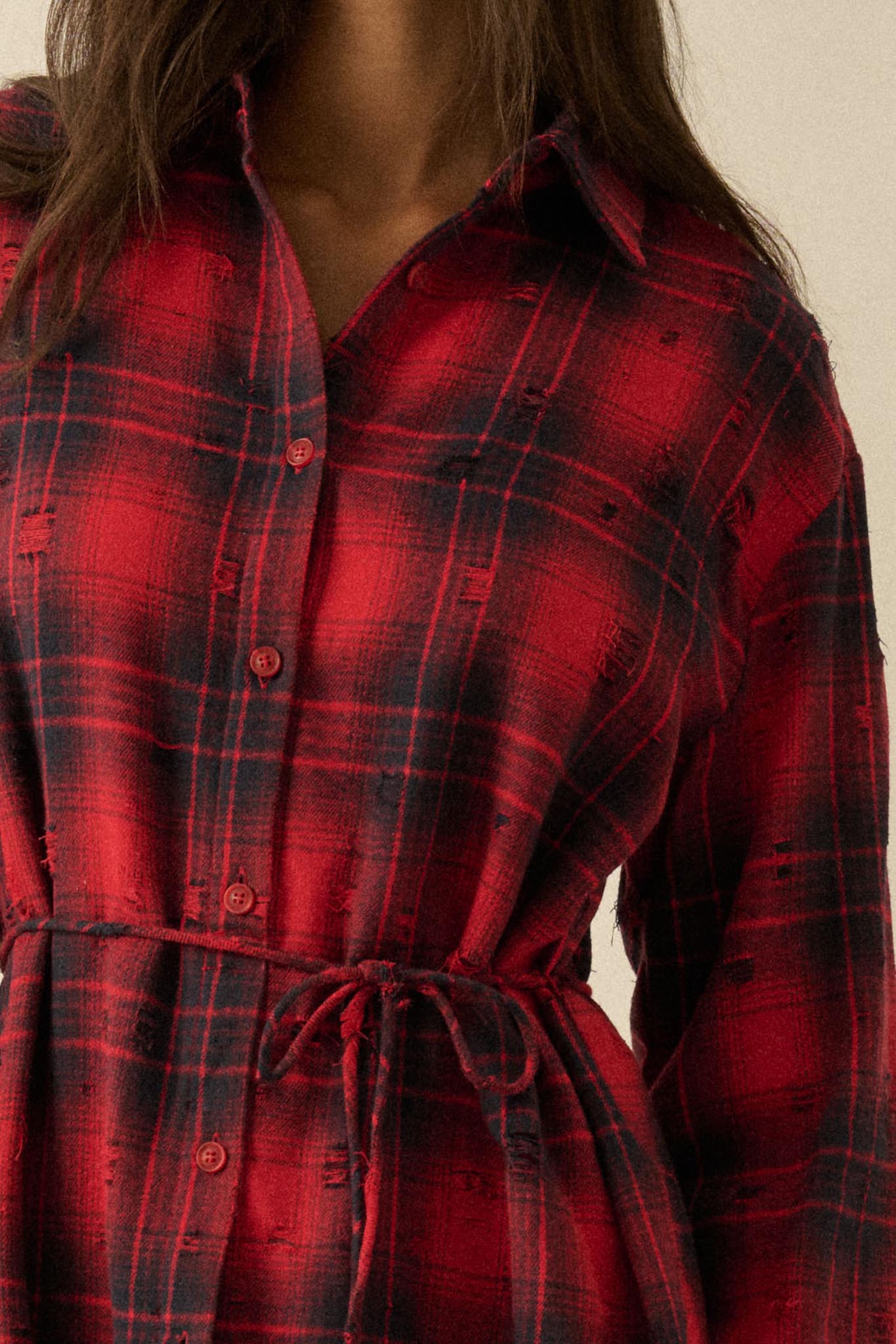 By the Fire Distressed Plaid Flannel Shirt Romper