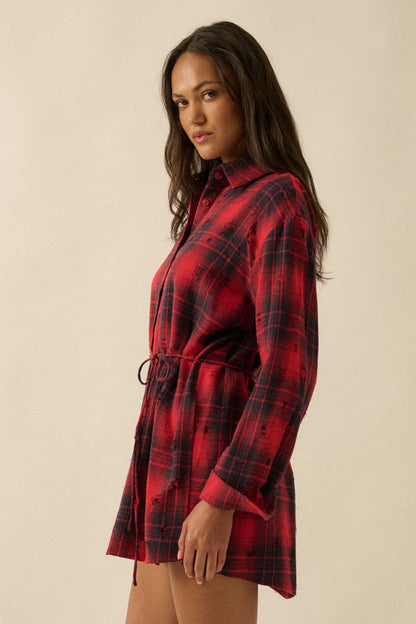 By the Fire Distressed Plaid Flannel Shirt Romper