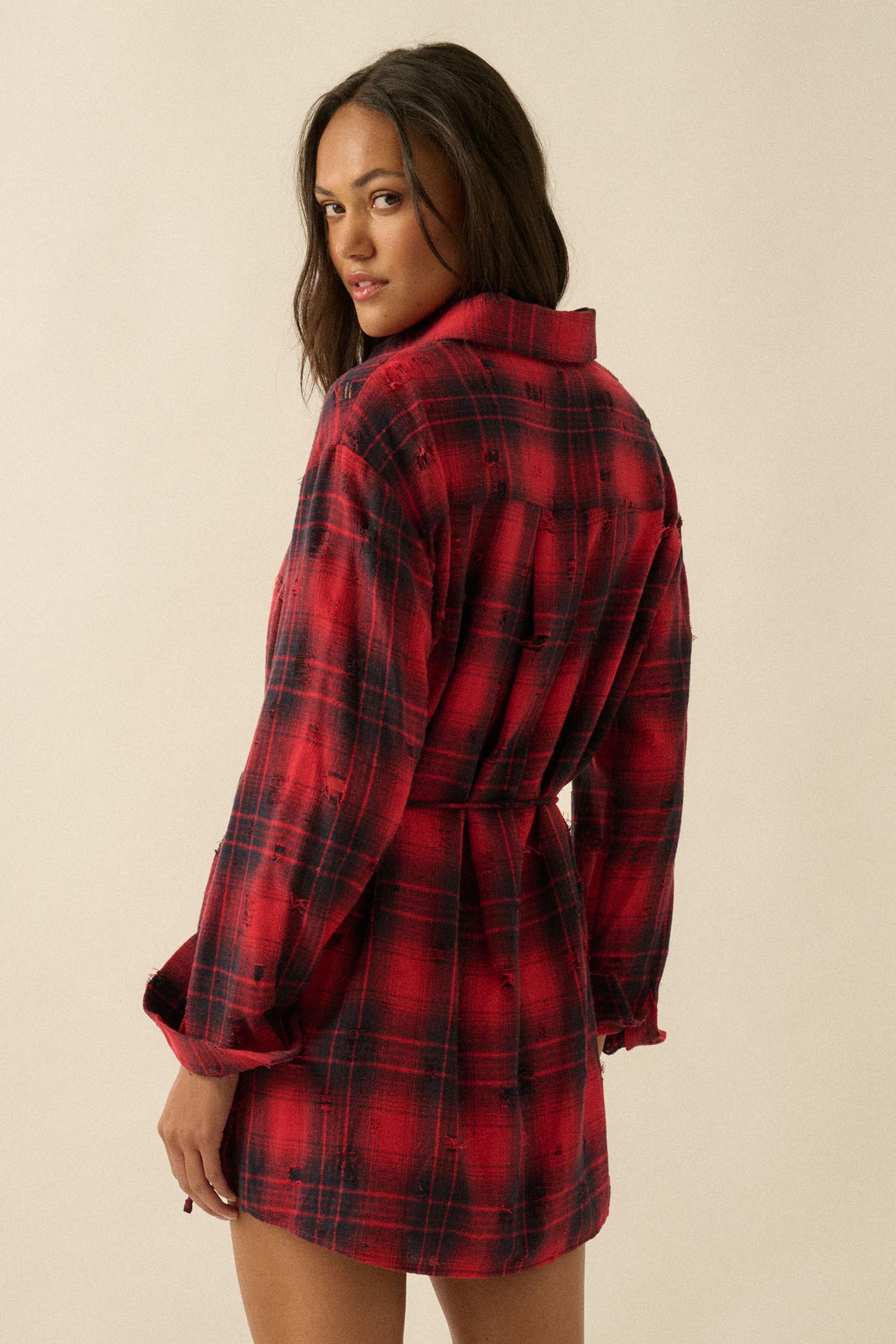 By the Fire Distressed Plaid Flannel Shirt Romper