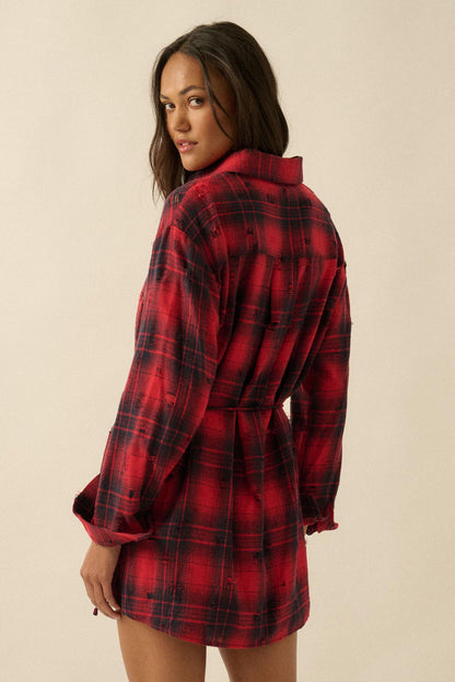 By the Fire Distressed Plaid Flannel Shirt Romper
