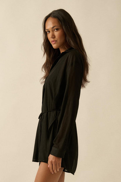 After Hours Ribbed Mesh Belted Shirt Romper