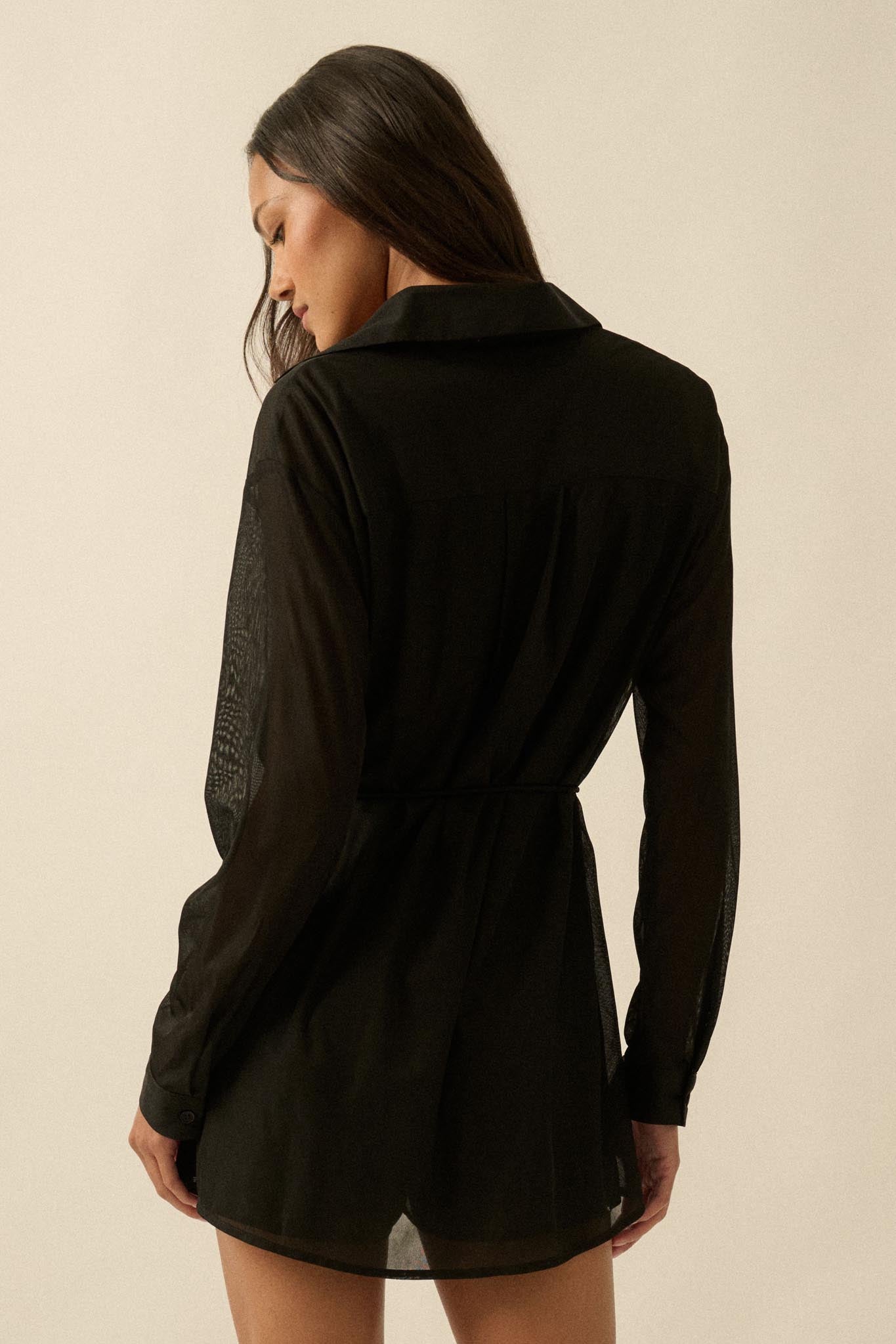 After Hours Ribbed Mesh Belted Shirt Romper
