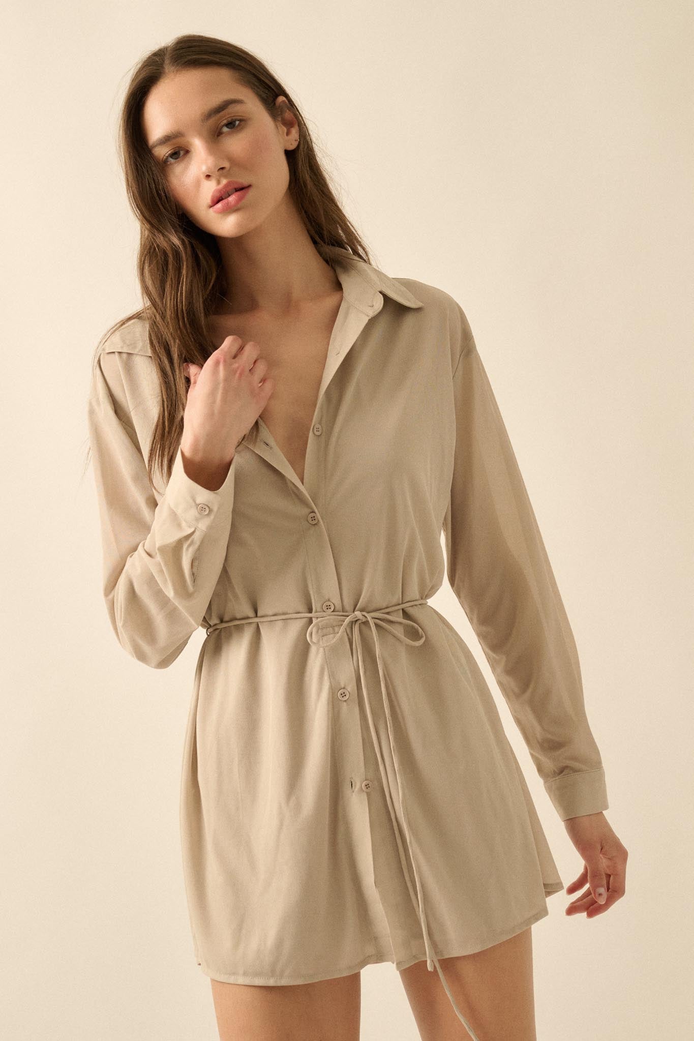 After Hours Ribbed Mesh Belted Shirt Romper