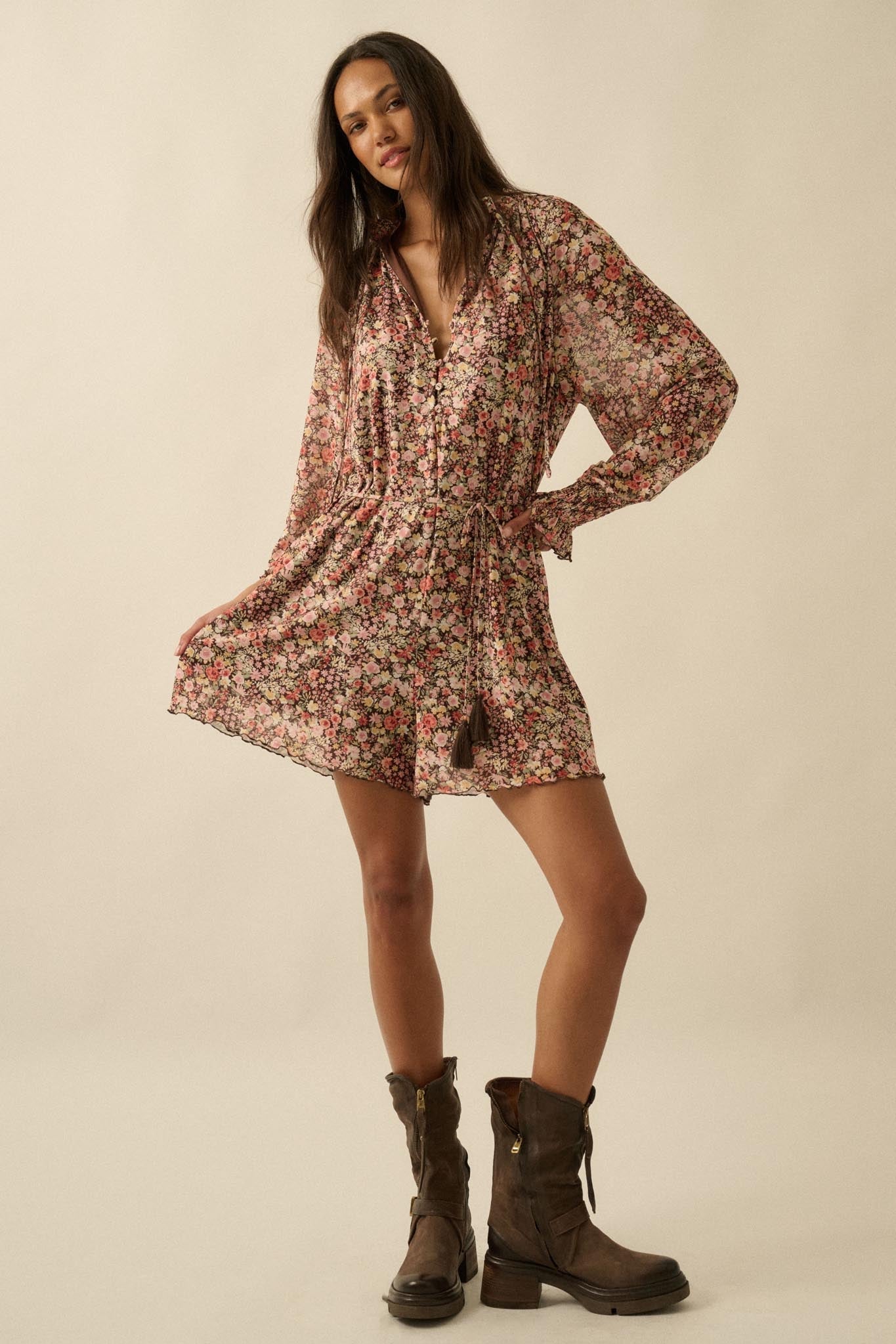 Picking Wildflowers Floral Mesh Belted Romper