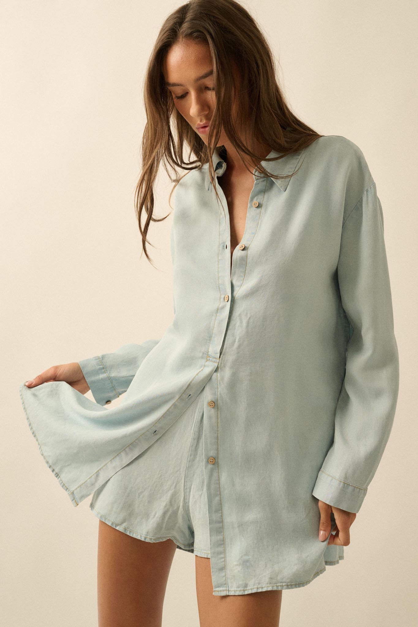 Hazy Days Denim Button-Up Belted Shirt Romper