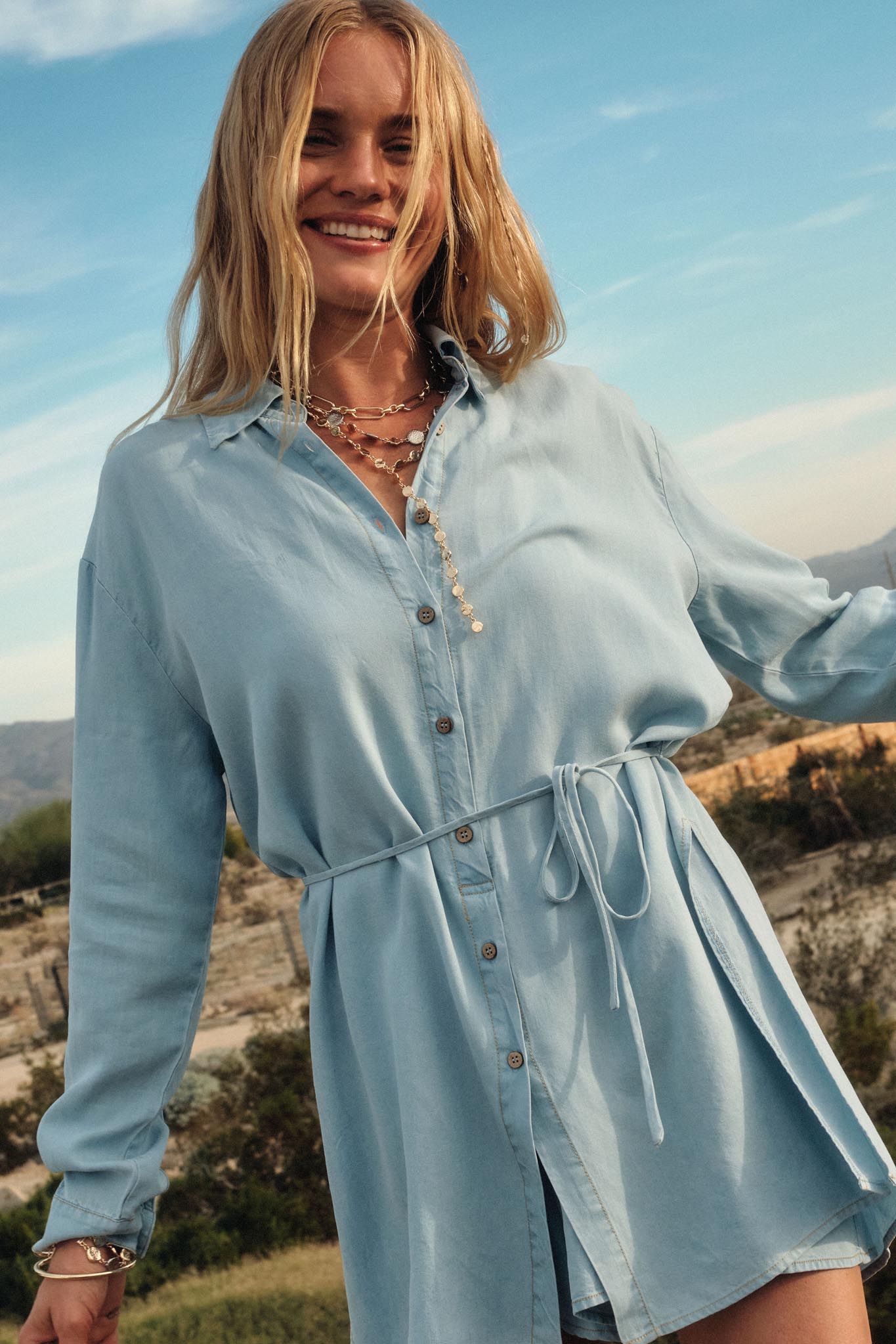 Hazy Days Denim Button-Up Belted Shirt Romper