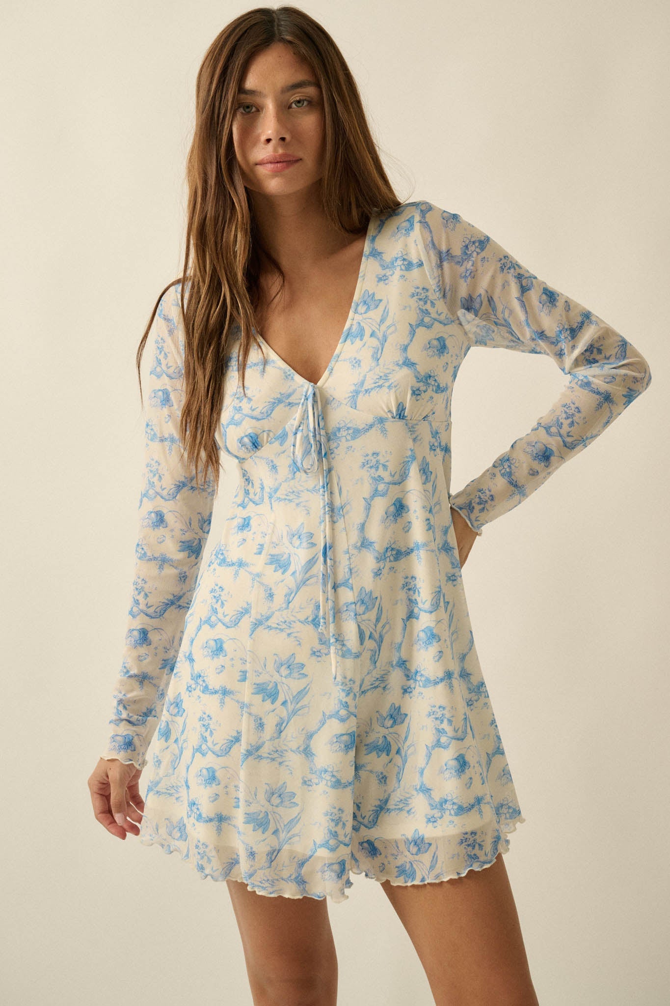 Fleur Douce Floral-Print Mesh Long-Sleeve Romper