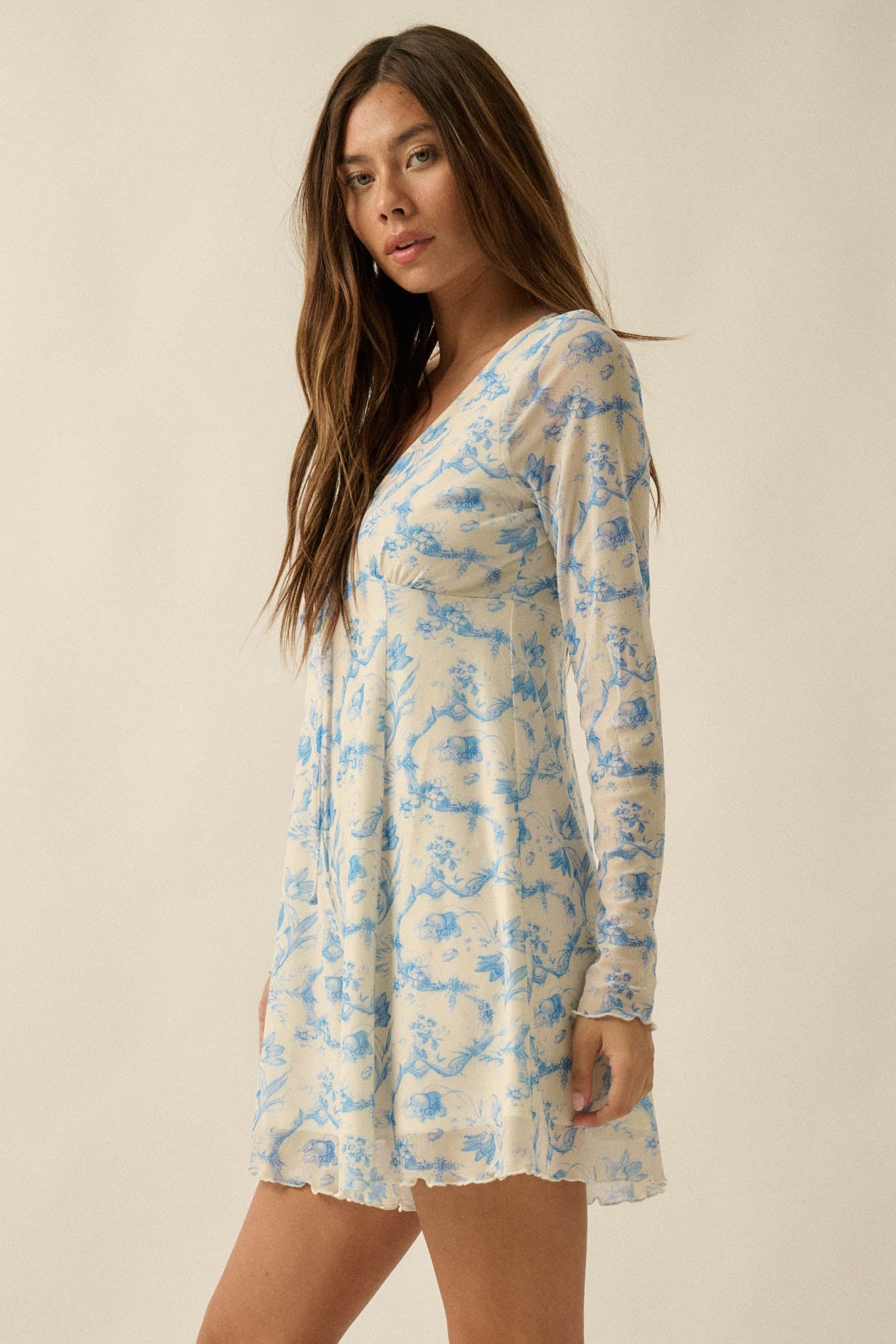 Fleur Douce Floral-Print Mesh Long-Sleeve Romper