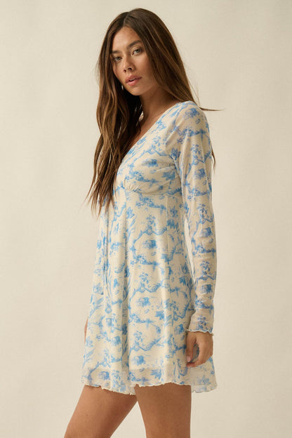 Fleur Douce Floral-Print Mesh Long-Sleeve Romper