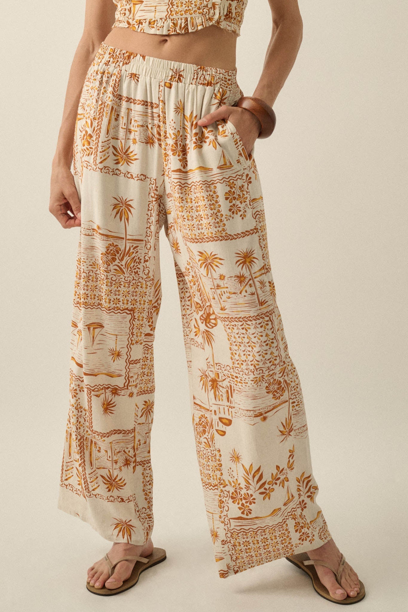 Fantasy Island Tropical-Print Wide-Leg Pants
