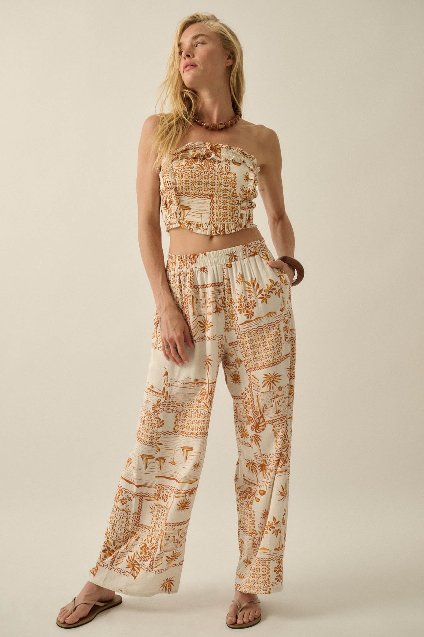 Fantasy Island Tropical-Print Wide-Leg Pants