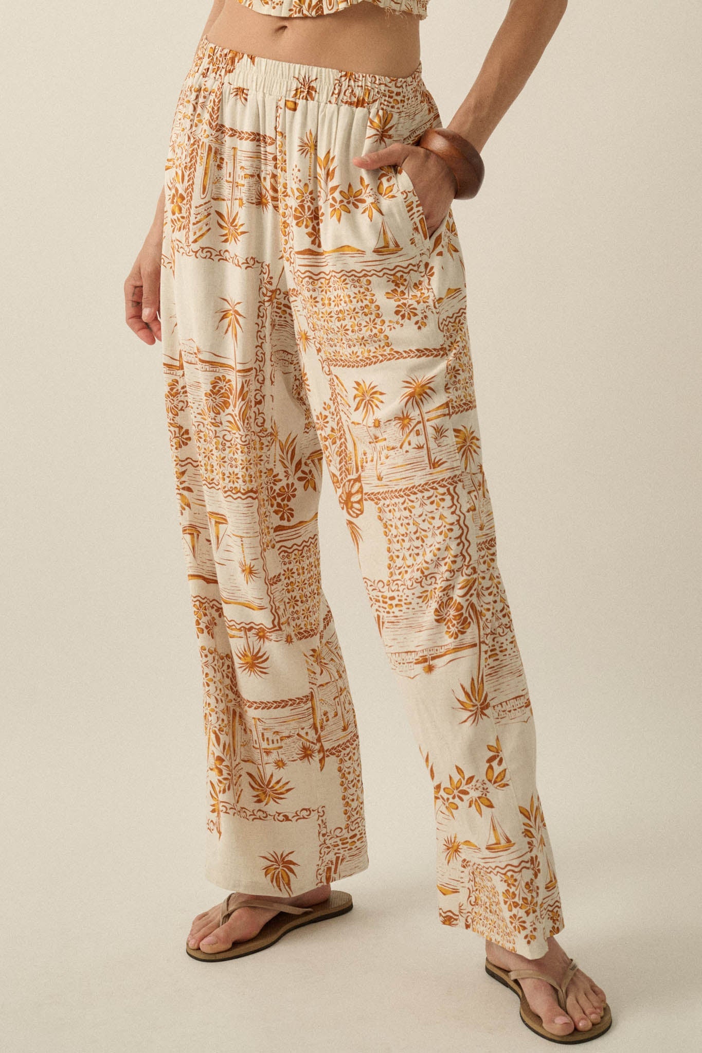 Fantasy Island Tropical-Print Wide-Leg Pants