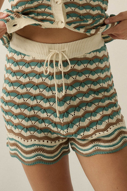 New Wave Striped Crochet-Knit Sweater Shorts