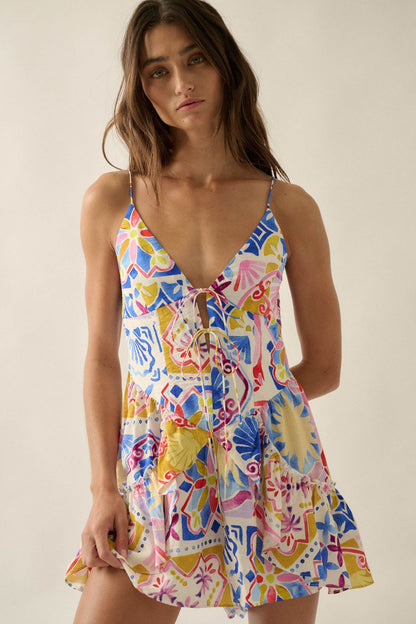 Barcelona Beauty Tile-Print Ruffle Tie-Front Romper