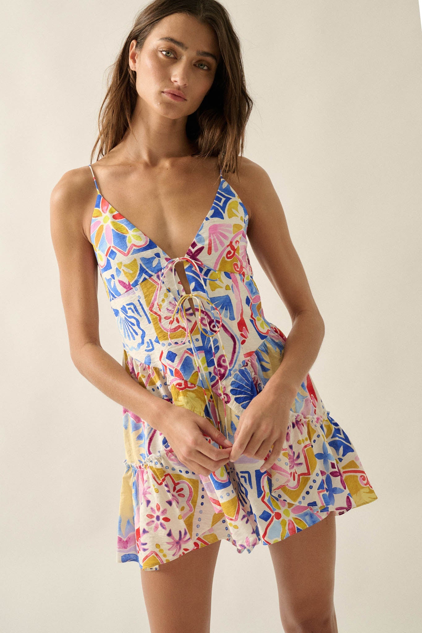 Barcelona Beauty Tile-Print Ruffle Tie-Front Romper