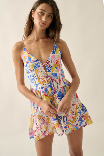 Barcelona Beauty Tile-Print Ruffle Tie-Front Romper
