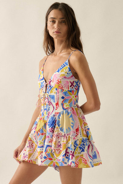 Barcelona Beauty Tile-Print Ruffle Tie-Front Romper