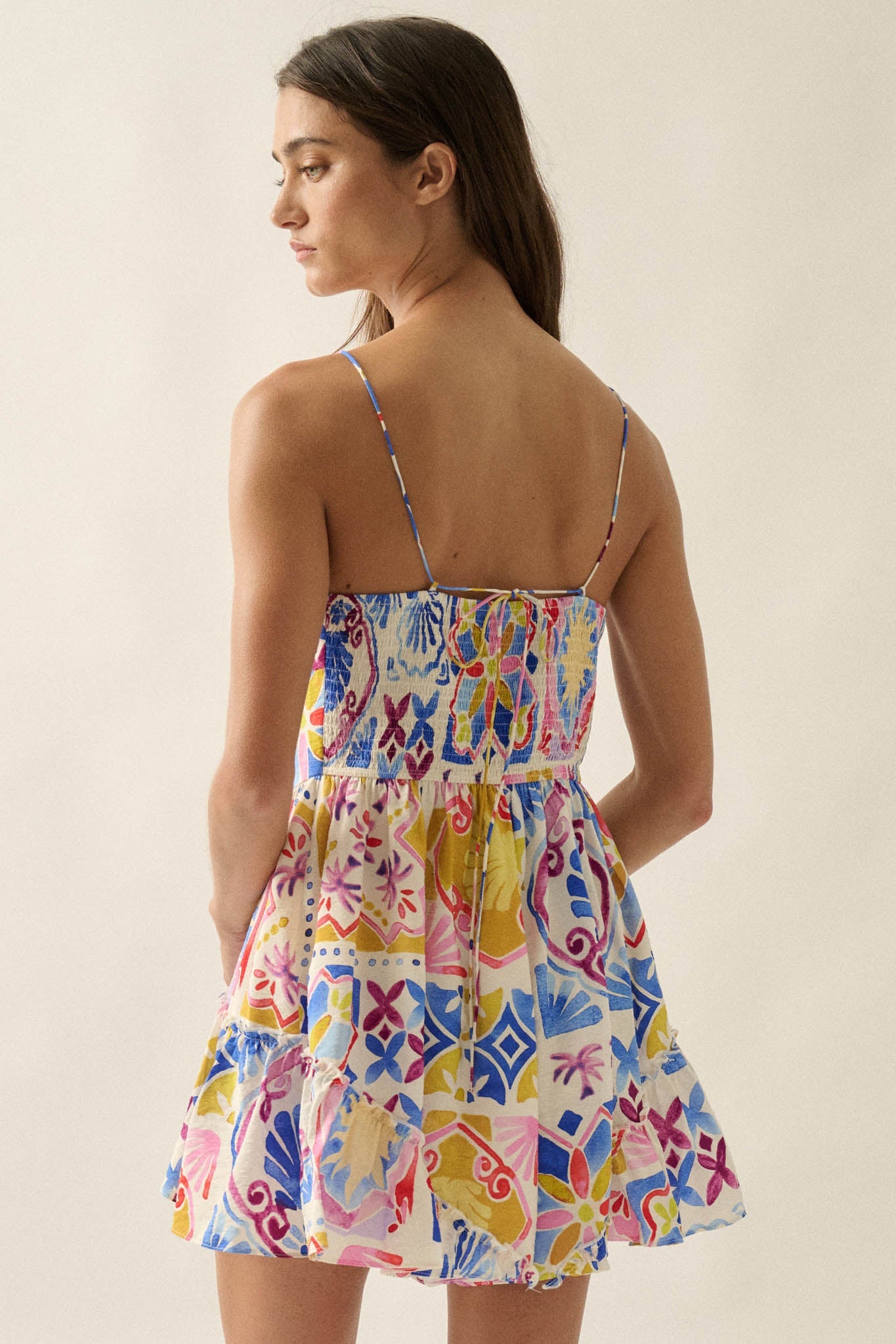 Barcelona Beauty Tile-Print Ruffle Tie-Front Romper