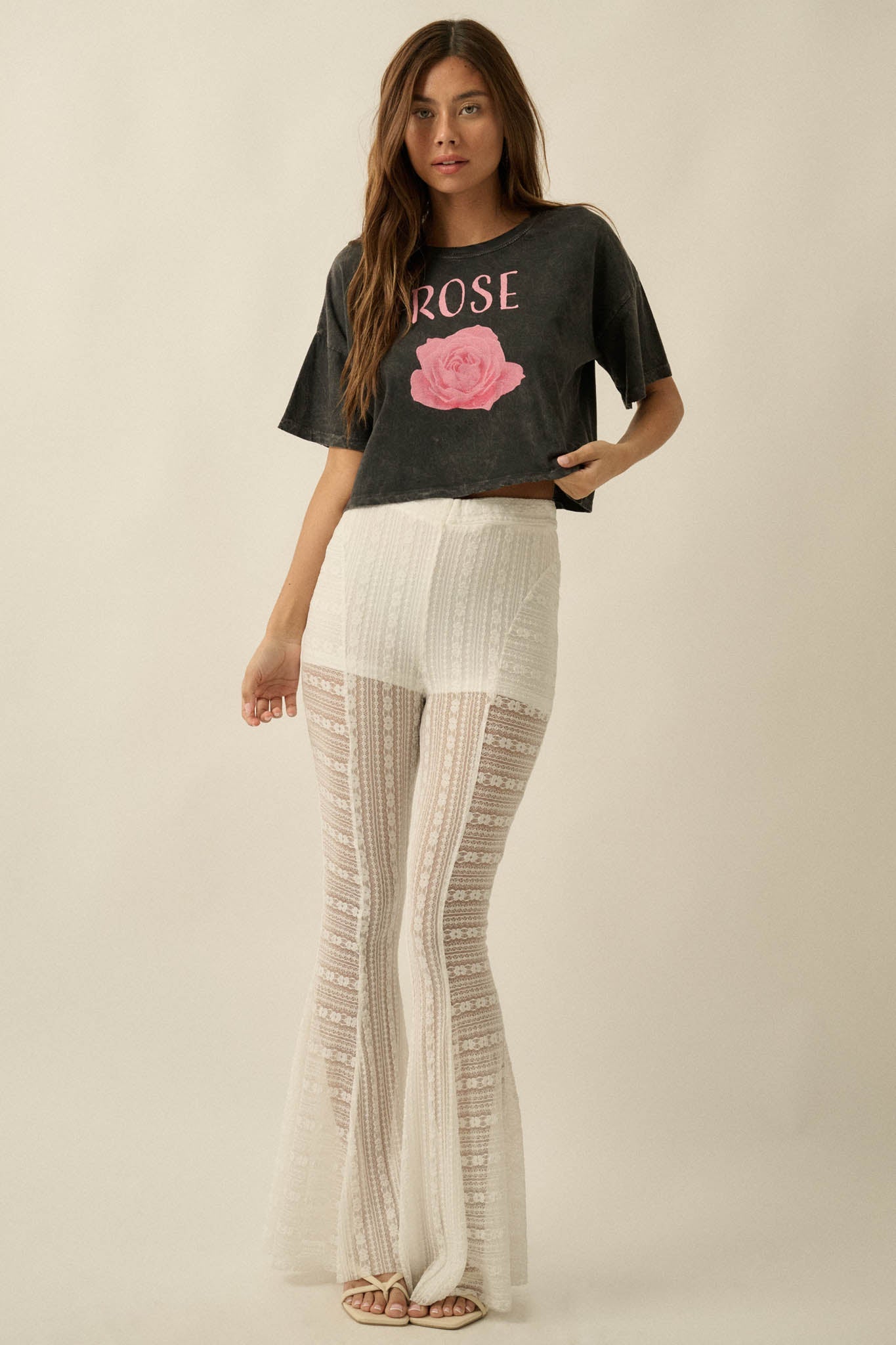 Living Beautifully Floral Lace High-Waist Flare Pants