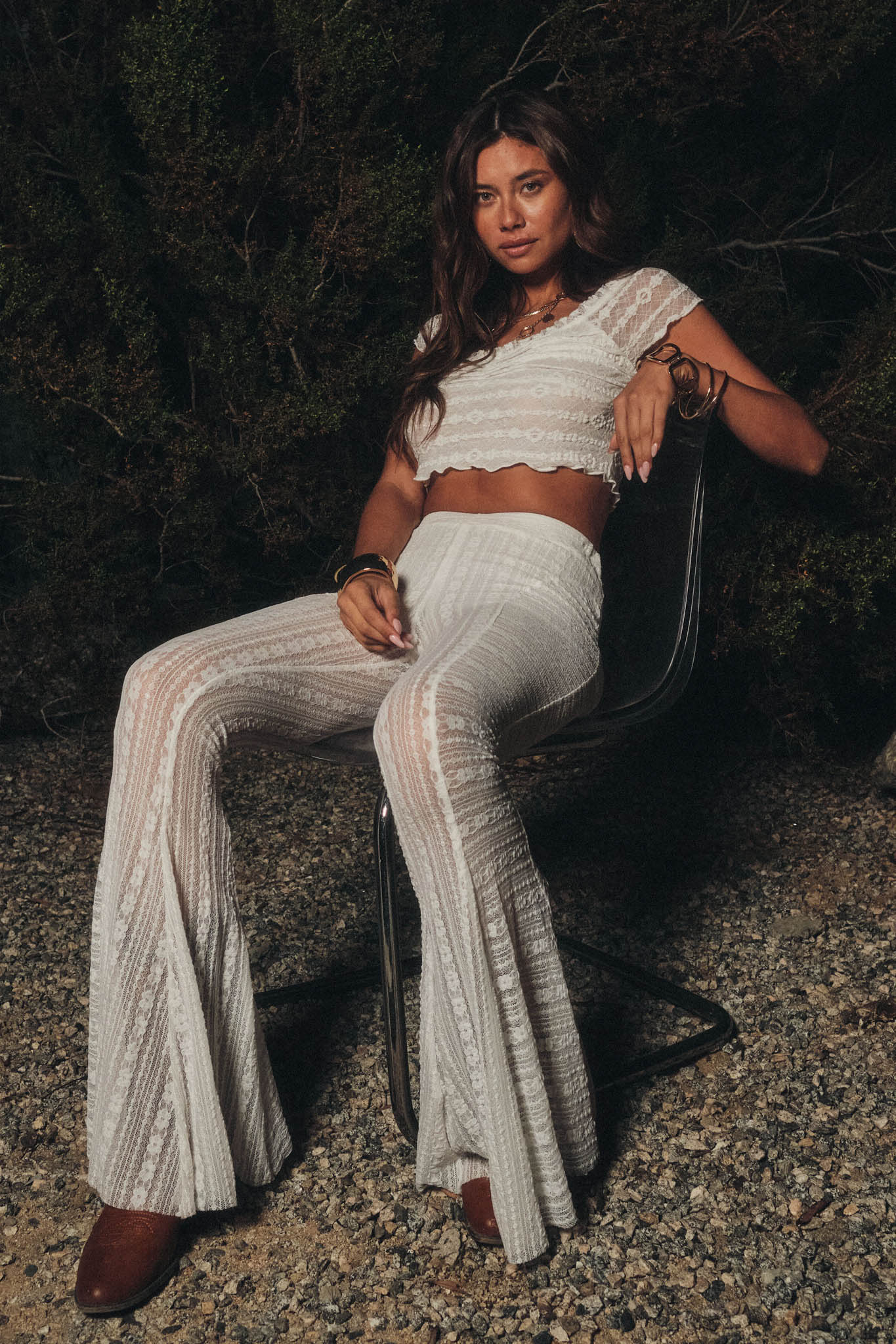 Living Beautifully Floral Lace High-Waist Flare Pants