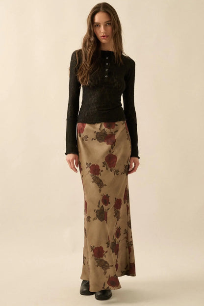 Days of Beauty Bias-Cut Floral Satin Maxi Skirt