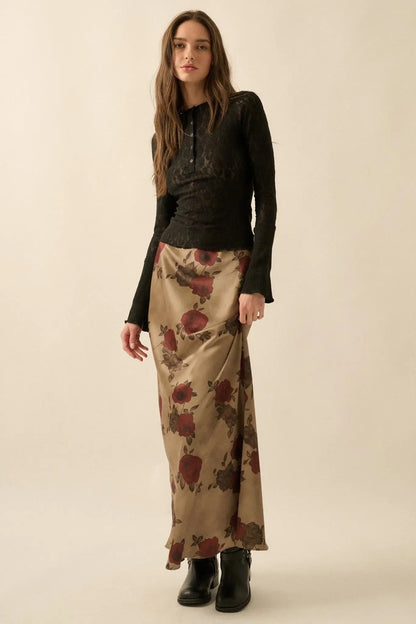 Days of Beauty Bias-Cut Floral Satin Maxi Skirt