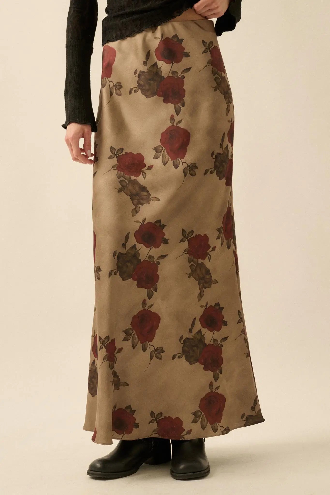 Days of Beauty Bias-Cut Floral Satin Maxi Skirt