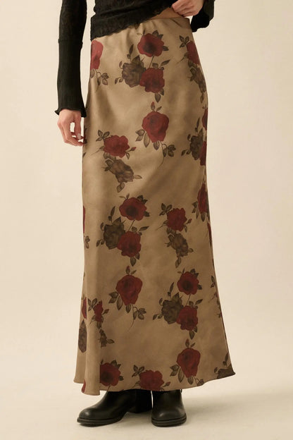 Days of Beauty Bias-Cut Floral Satin Maxi Skirt