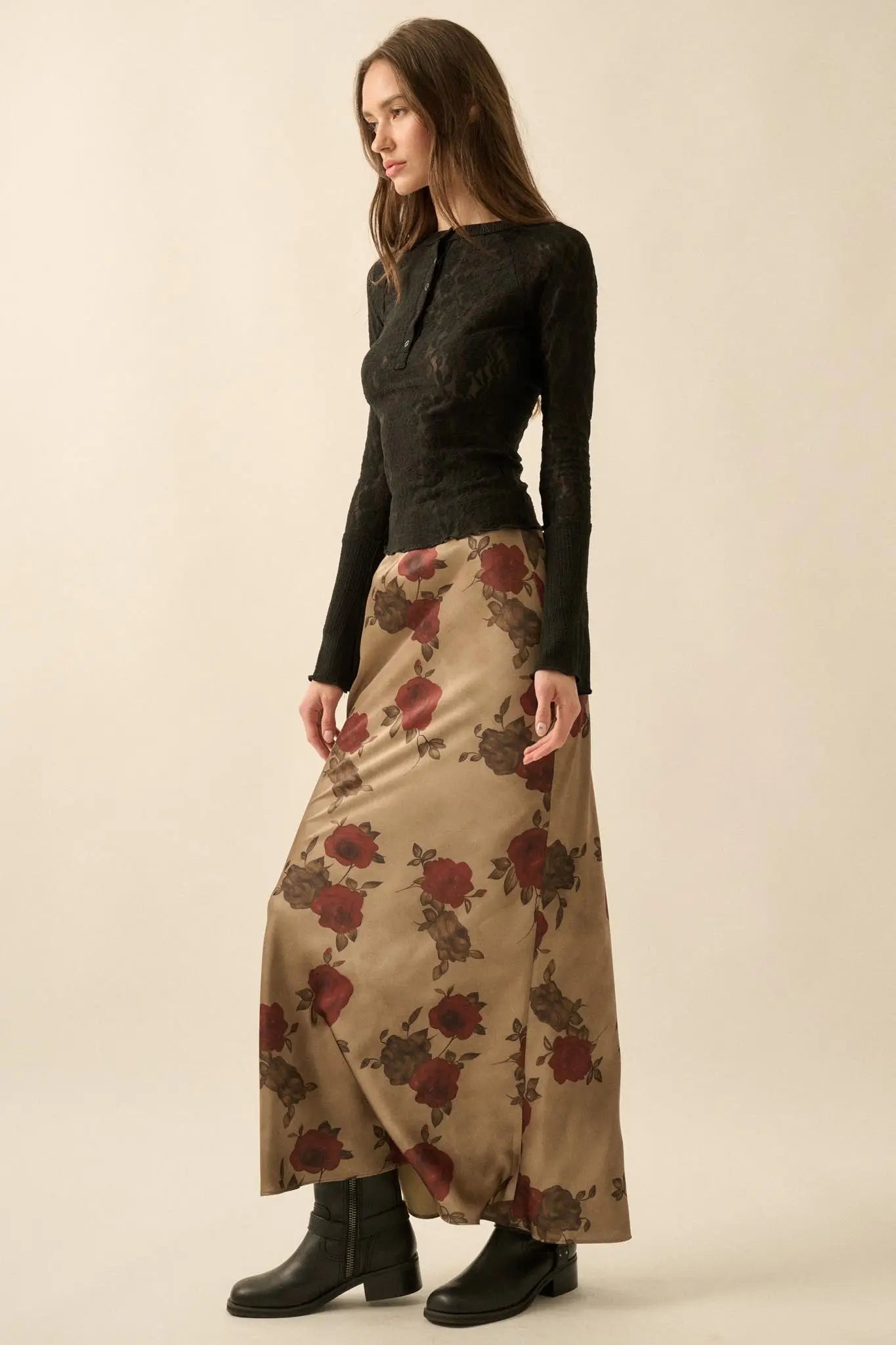 Days of Beauty Bias-Cut Floral Satin Maxi Skirt