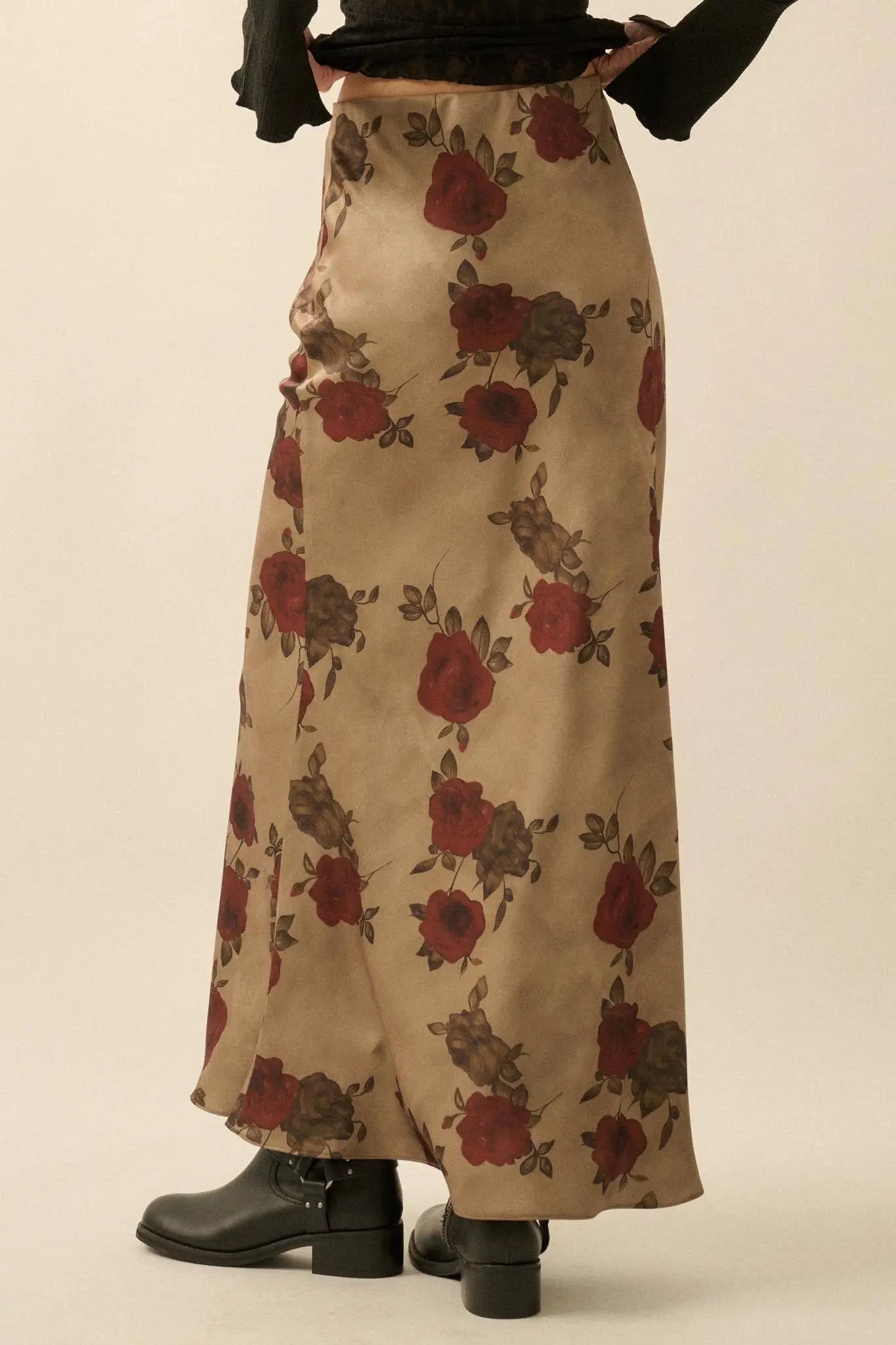 Days of Beauty Bias-Cut Floral Satin Maxi Skirt