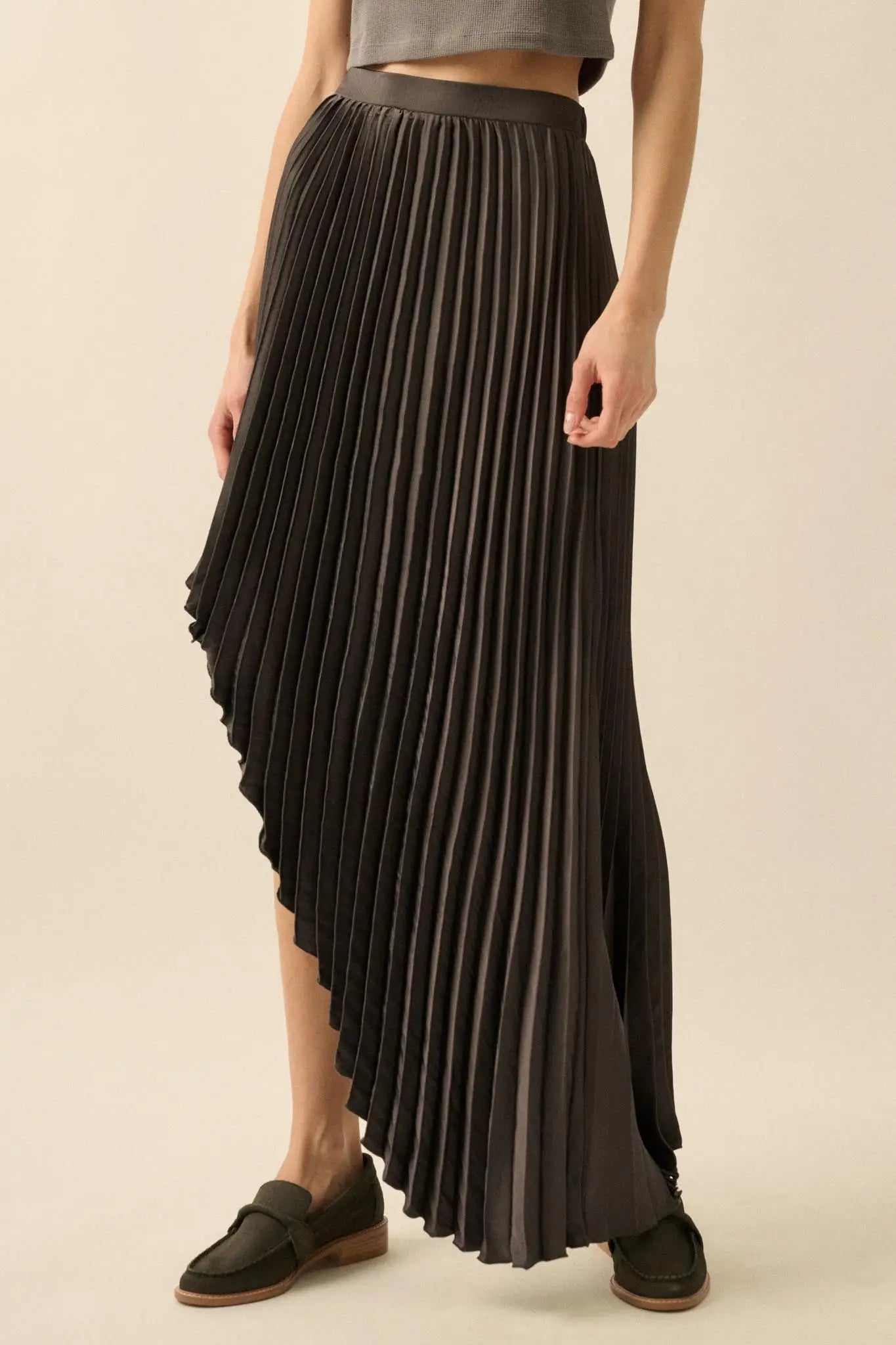 Sleek Pleats Asymmetrical Pleated Satin Skirt