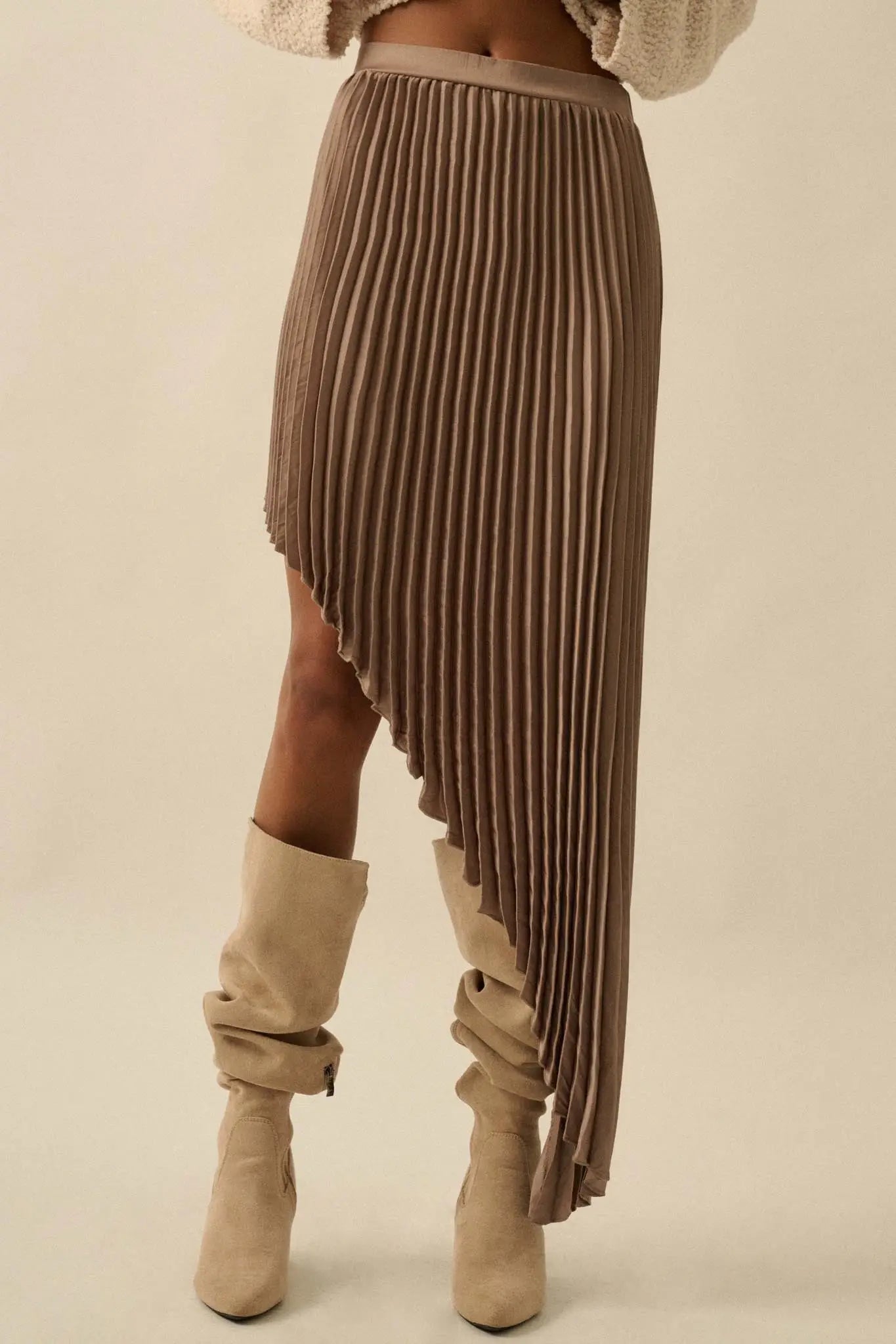 Sleek Pleats Asymmetrical Pleated Satin Skirt