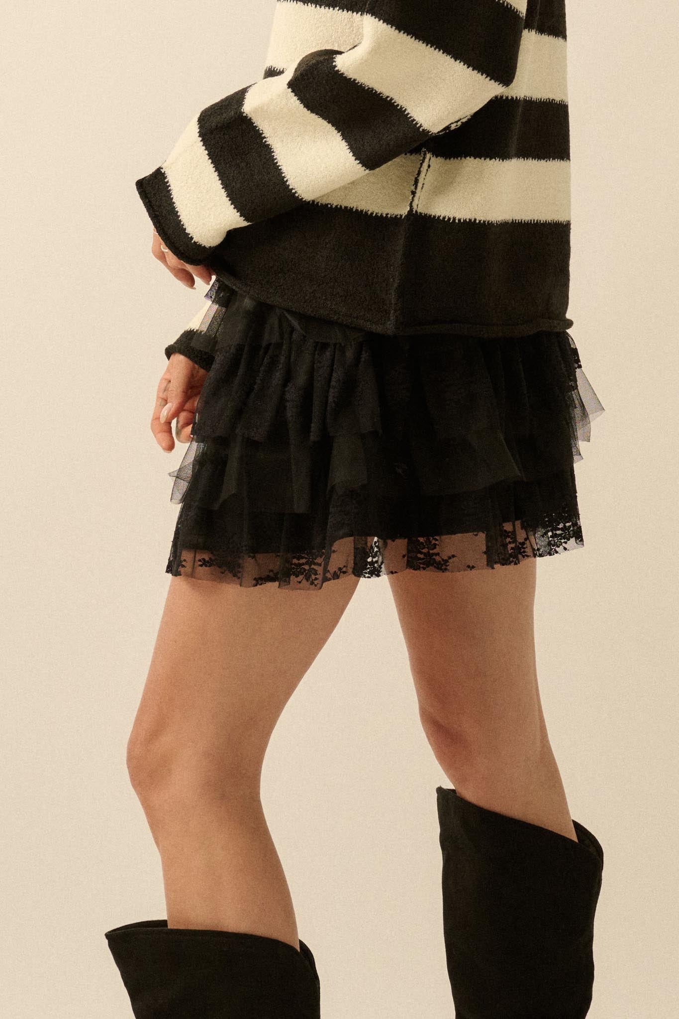 Dolled Up Lace and Mesh Tiered Ruffle Mini Skirt