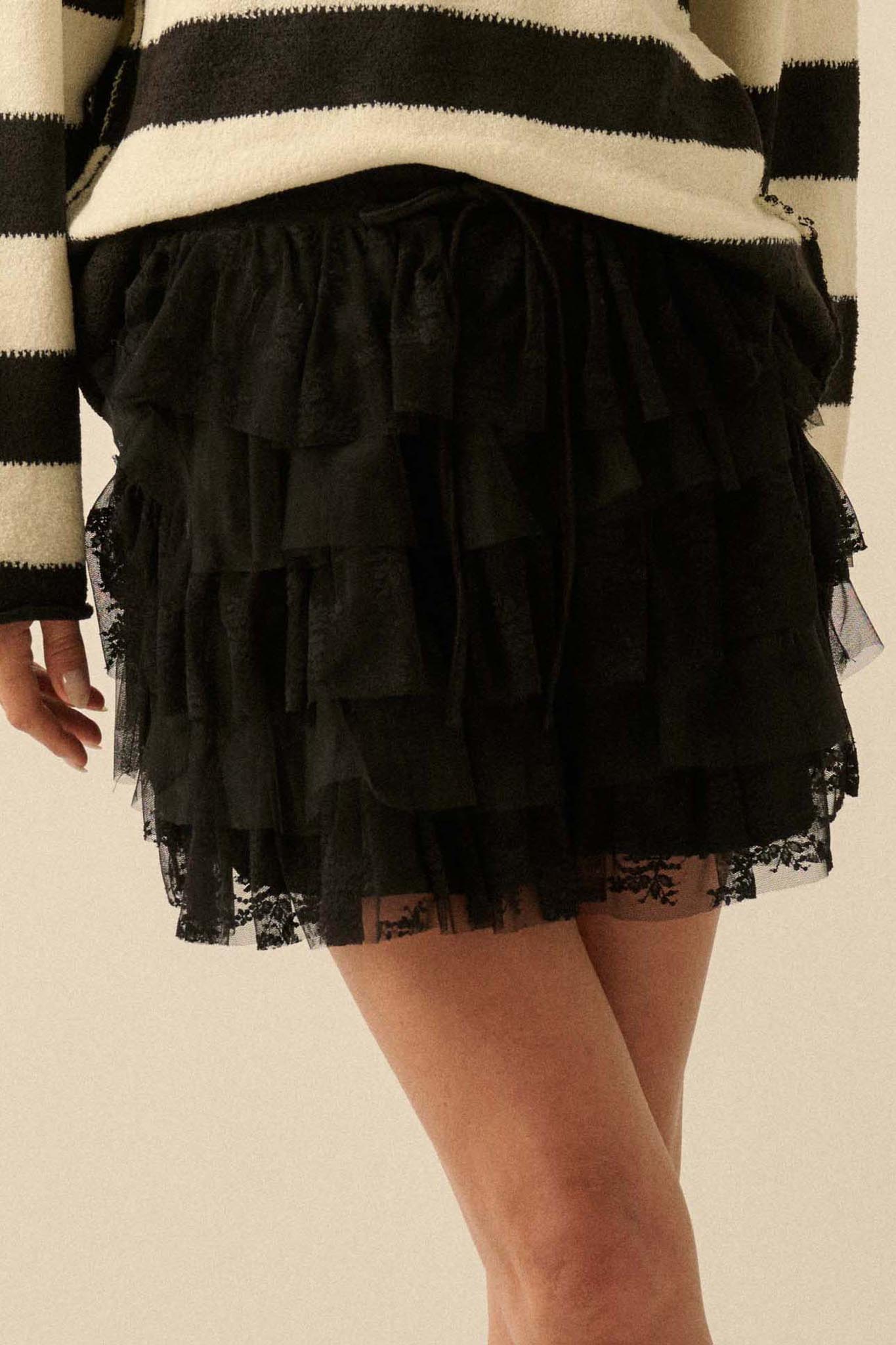 Dolled Up Lace and Mesh Tiered Ruffle Mini Skirt