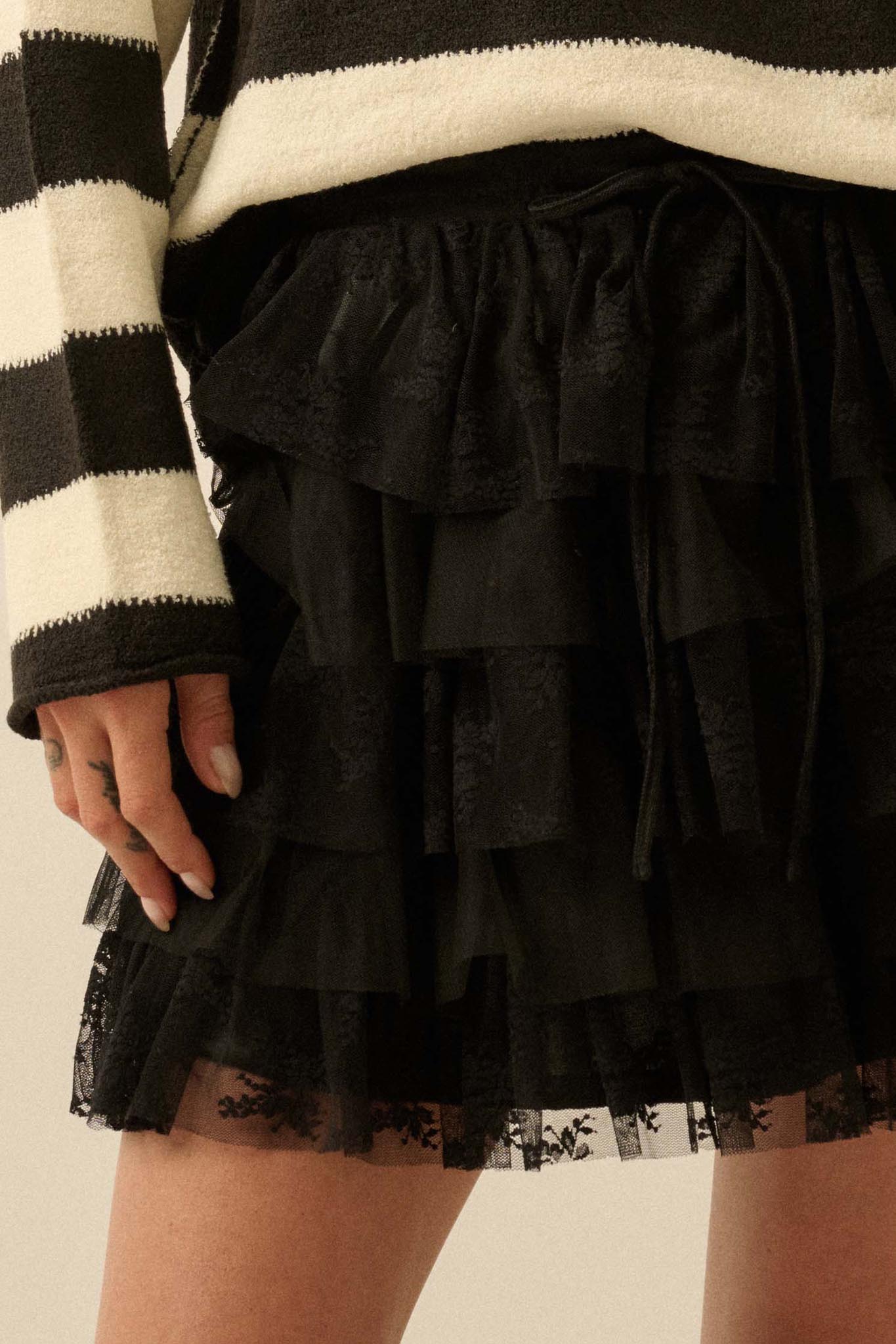 Dolled Up Lace and Mesh Tiered Ruffle Mini Skirt