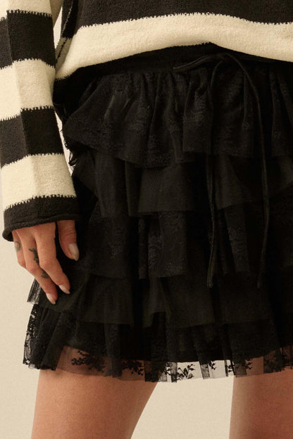 Dolled Up Lace and Mesh Tiered Ruffle Mini Skirt