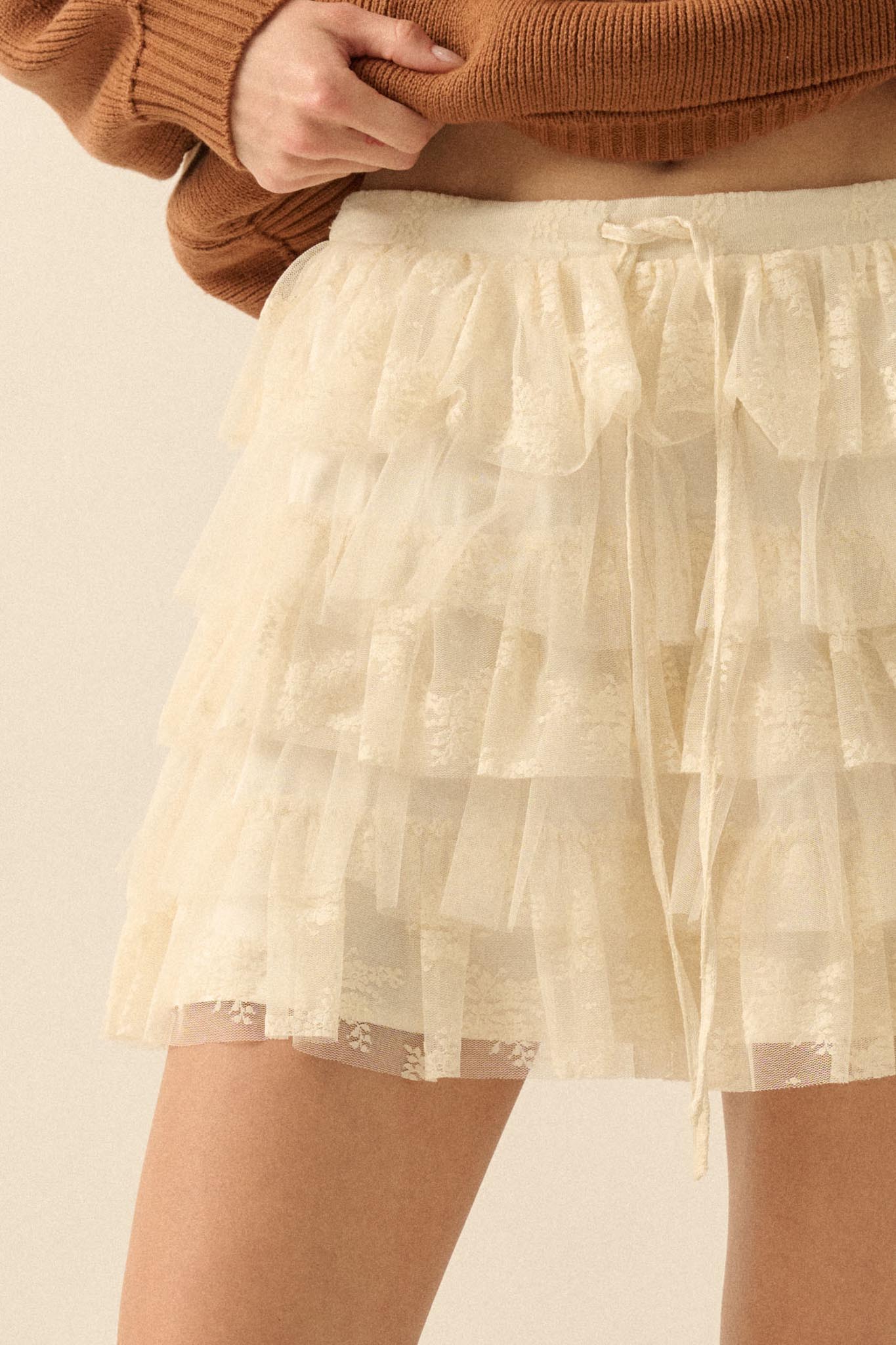 Dolled Up Lace and Mesh Tiered Ruffle Mini Skirt