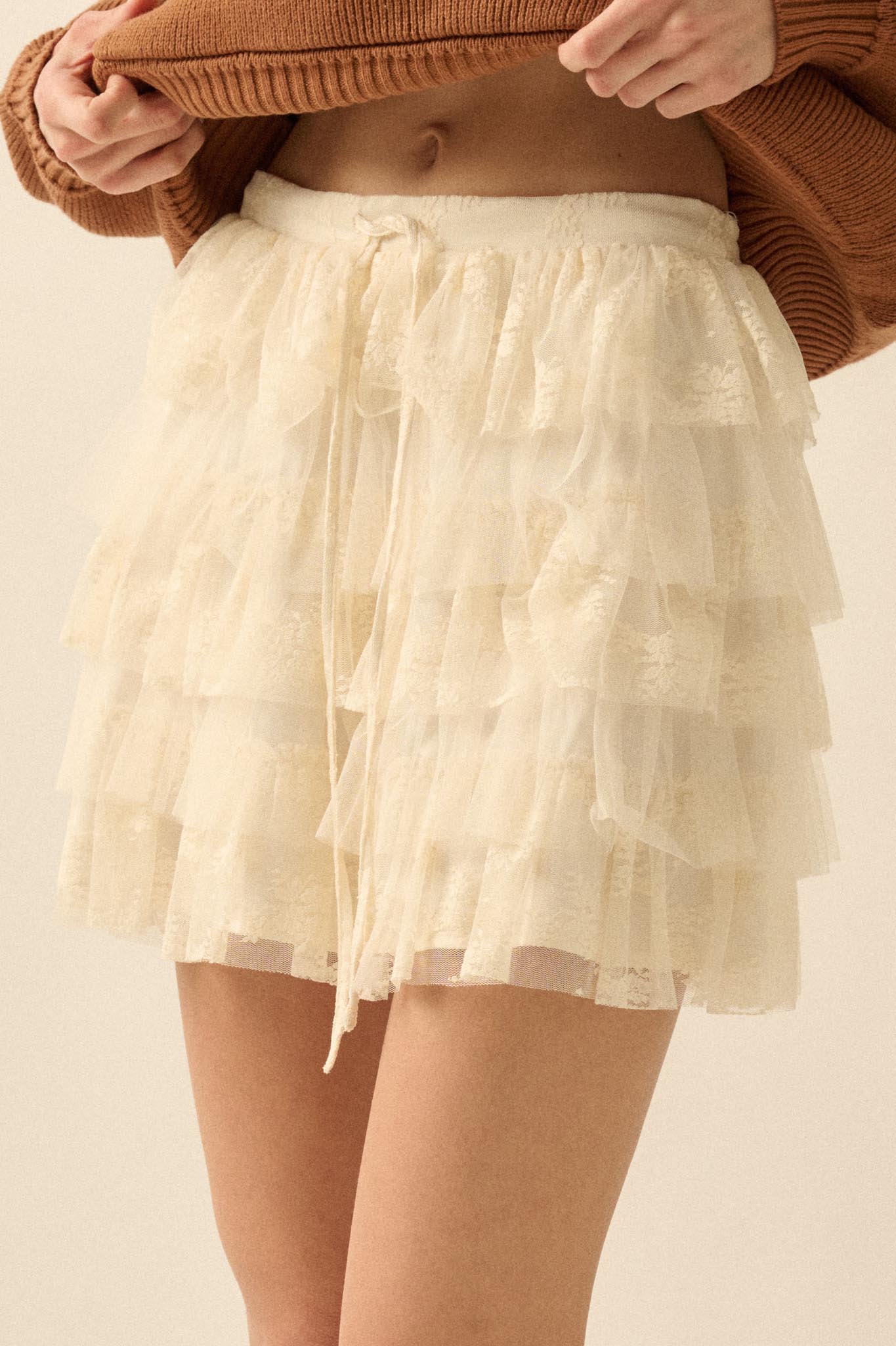Dolled Up Lace and Mesh Tiered Ruffle Mini Skirt