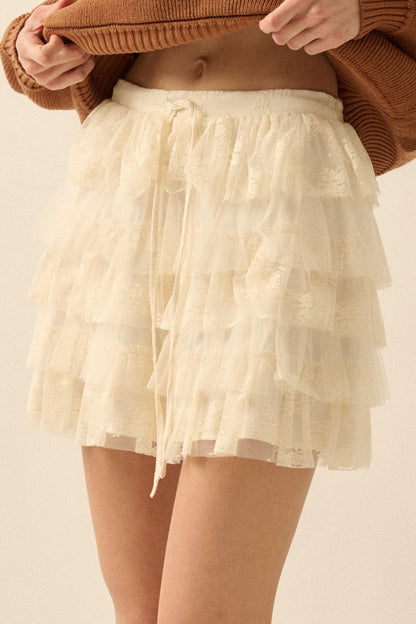 Dolled Up Lace and Mesh Tiered Ruffle Mini Skirt