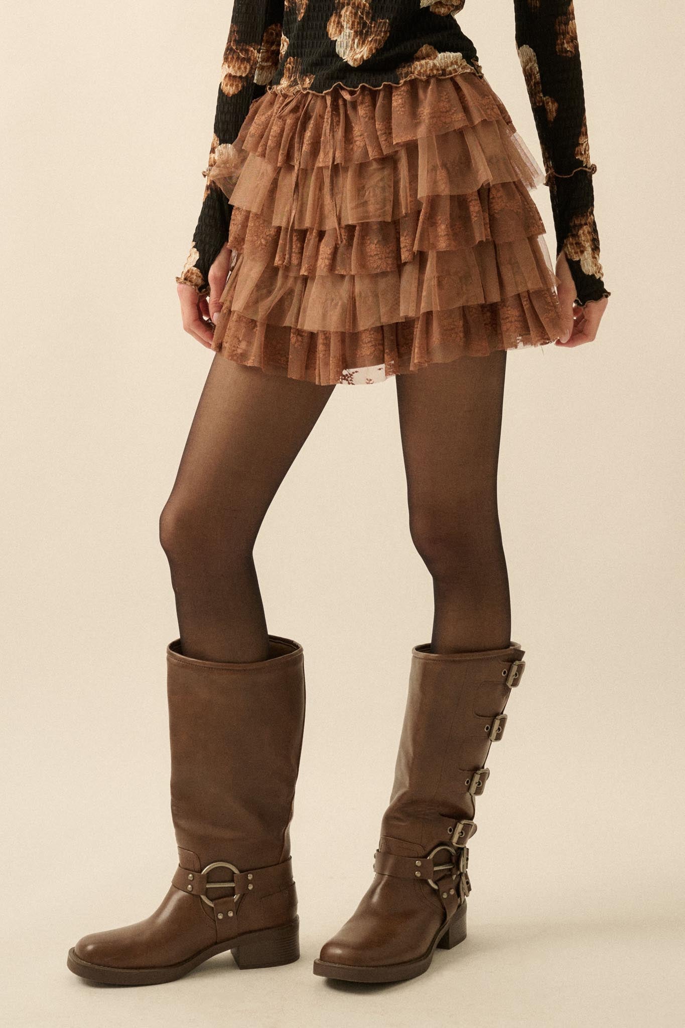 Dolled Up Lace and Mesh Tiered Ruffle Mini Skirt